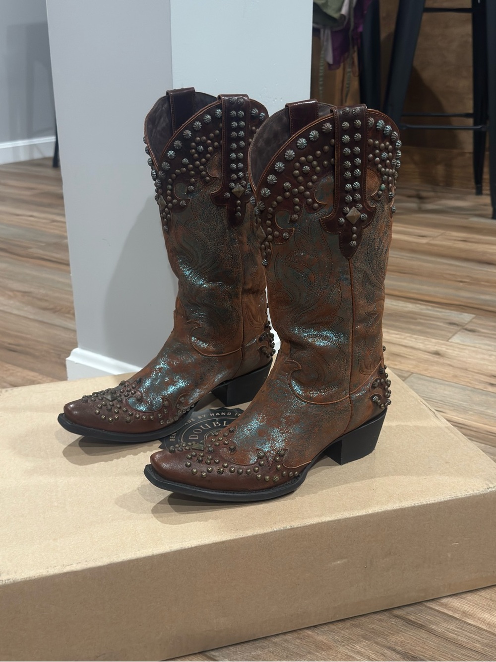 DOUBLE D RANCH Brown Leather Western Studded Embellished Cowboy Boots | Size 8.5